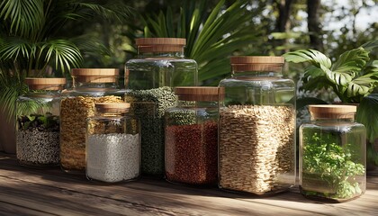 Assorted grains and herbs in glass jars with wooden lids on a wooden surface surrounded by plants