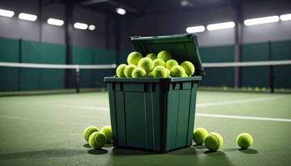 A green storage bin overflowing with bright tennis balls on a well-lit indoor court