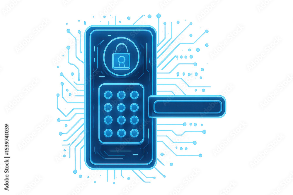 Poster futuristic digital keypad lock ensuring security, featuring glowing circuits and a prominent lock sy