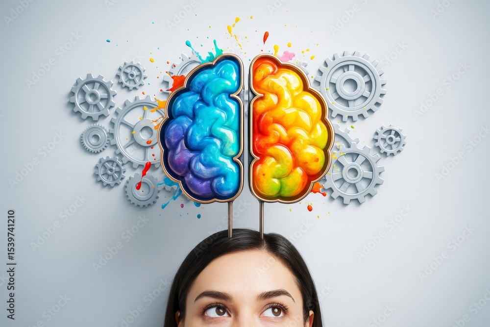Poster colorful brain hemisphere concept above woman's head with gears on light background representing cre