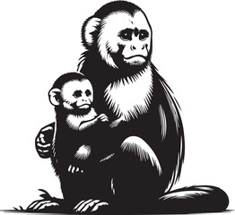 Capuchin Monkey Simple Black and White Vector Illustration