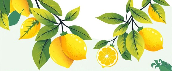 Modern abstract lemon & leaf illustrations Vibrant citrus fruit design for summer prints,  sunny,  leaves