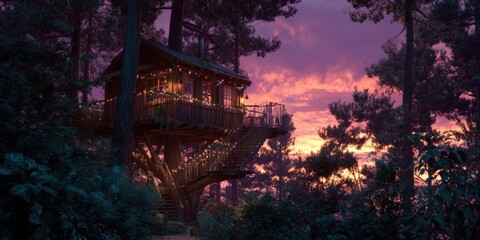 Fototapeta premium Enchanted Treehouse at Sunset with Colorful Lights