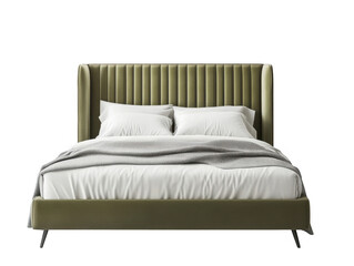 Olive green velvet upholstered bed isolated on transparent background