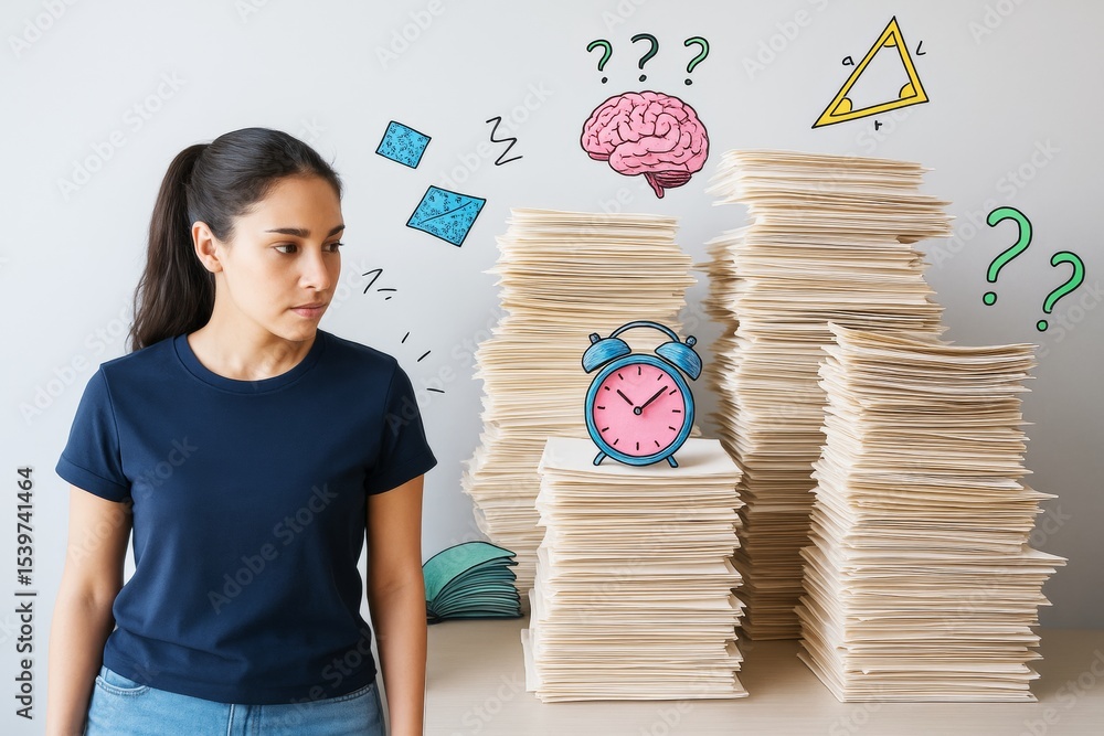 Aufkleber woman looking stressed beside large stacks of paper with cartoon symbols like clock, brain and quest