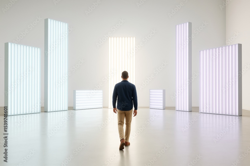 Poster person walking toward bright vertical light panels in a minimal futuristic room, surrounded by glowi