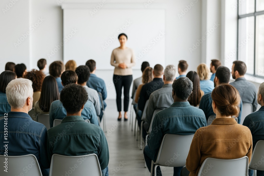 Poster professional speaker addressing diverse audience during seminar in bright modern conference room wit