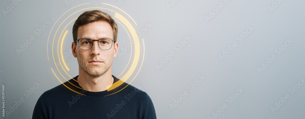 Poster Facial recognition technology concept with young man on clean light background and abstract digital interface elements for template design.