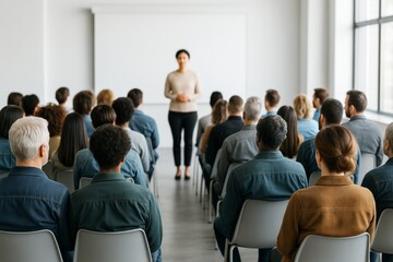 Obraz premium Professional speaker addressing diverse audience during seminar in bright modern conference room with white background and natural light setup.