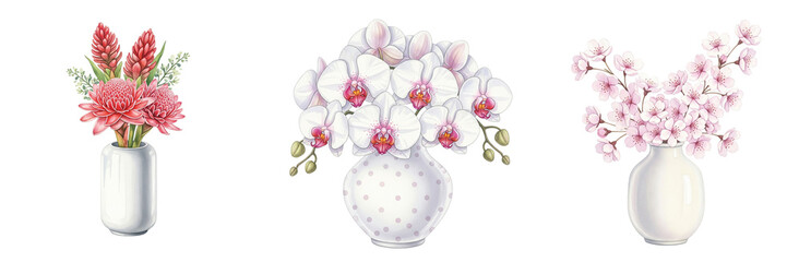 Obraz premium A beautiful watercolor display of diverse floral arrangements, featuring red ginger, elegant white orchids, and delicate pink cherry blossoms in vases.