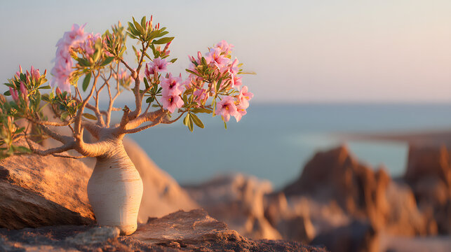 A single large Bottle Tree (Desert Rose, Adenium obesum) on Socotra Island.