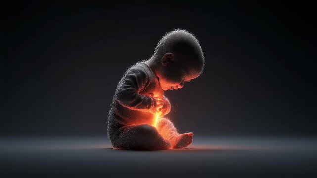 Glowing warmth curling inside infant's stomach, visualizing hunger sensation through medical science rendering, highlighting body's physiological response against dark background