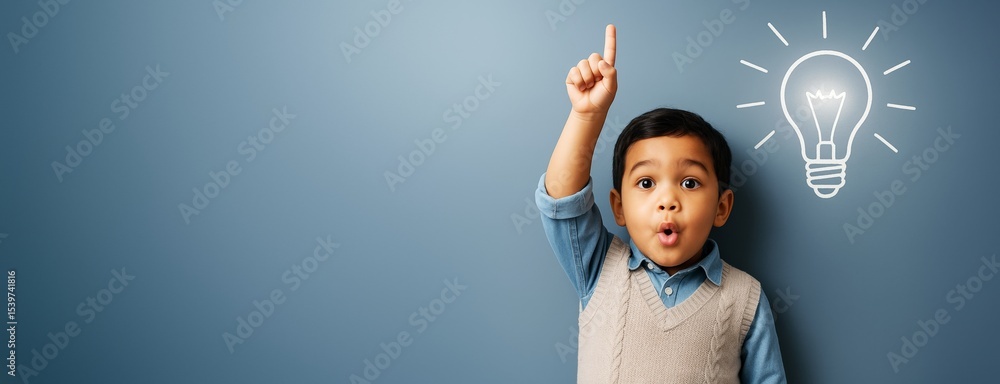Poster curious child pointing up with idea lightbulb on blue background, symbolizing creativity, inspiratio