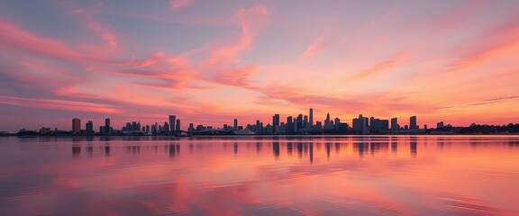 Obraz premium Pastel sunset skyline reflected in calm water, calm, image