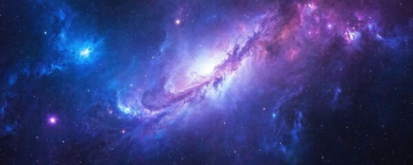 Fototapeta premium Bright cosmic background illustration with nebula, stardust. Magic stellar wallpaper deep blue, purple interstellar cloudscape. Sci-fi wallpaper shows vibrant fantasy galaxy, universe landscape.