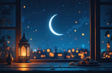 Fototapeta premium Ramadan Kareem photo of arabian lantern. Islamic muslim holiday, month of fasting, holy celebration. Crescent moon and defocused lights with arabesque lamp on window table at night with snacks.