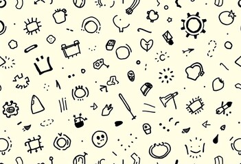 Playful black line doodles form a minimalist seamless pattern Simple shapes and childlike scribbles create a fun, trendy background,  creative,  style