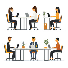 Flat style business people characters in workplace. Male and female persons in office room. Businessmen and businesswomen at work place