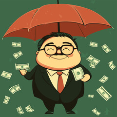 fat businessman with money in umbrella, vector style simple color