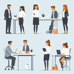 Flat style business people characters in workplace. Male and female persons in office room. Businessmen and businesswomen at work place