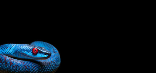 Blue snake coiled in a ball. On a black background. The devil the tempter. A symbol of hostility and evil