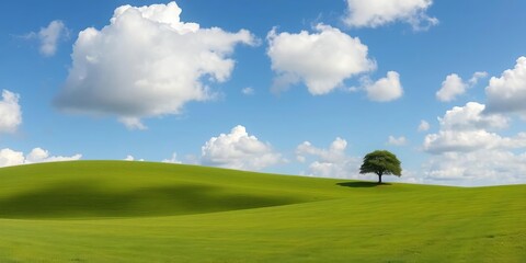 Rolling green hills under a bright blue sky with fluffy clouds; single tree in a grassy field ,  farm,  illustration