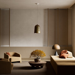 Serene minimalist living room with earthy tones. 3D illustration