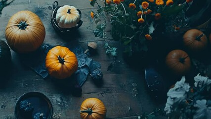 A variety of pumpkins arranged on a wooden table, great for seasonal or autumnal themes