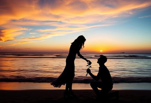 Romantic silhouette of couple at sunset beach, rose proposal,  affection,  vector