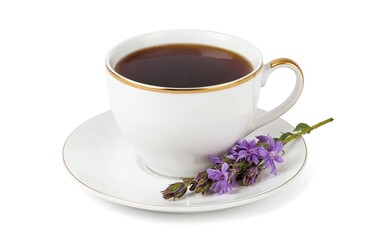 Fototapeta premium Chicory drink in white cup with golden trim on saucer. Violet chicory flowers near alternative coffee substitute. Healthy herbal hot beverage served in elegant porcelain tableware on white background.