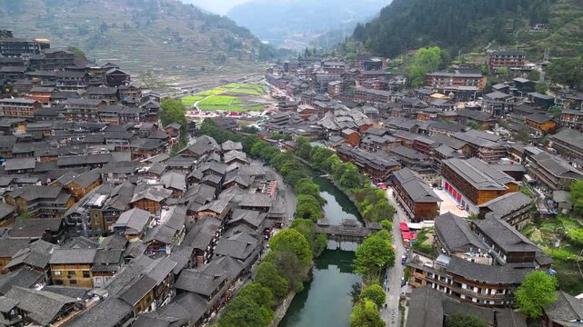 Aerial view of Xijiang Miao Village, also known as Xijiang Qianhu Miao Village, is the largest Miao ethnic village in the world, located in Guizhou, China.