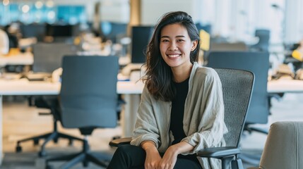 Portrait of cheerful Asian female office worker in smart casual attire, seated on ergonomic chair in bright contemporary office environment, productive and relaxed