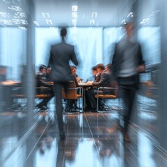 blured business people walking with fast movement in office and people meeting on table. High quality
