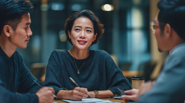 Professional Asian team collaborating in workplace, confident middle-aged woman leading conversation, discussing strategies with digital tablet and notepad on table