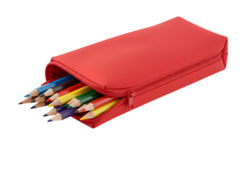 Red Pencil Case with Colorful Pencils isolated on transparent baackground