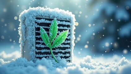 Snow-Covered Air Conditioner Unit with Green Leaf