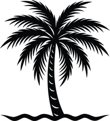 Single palm tree with ocean waves in black and white silhouette