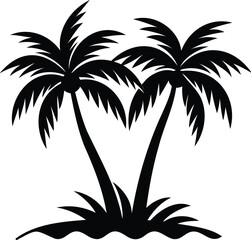 Obraz premium Black silhouette drawing of two palm trees on an island scene