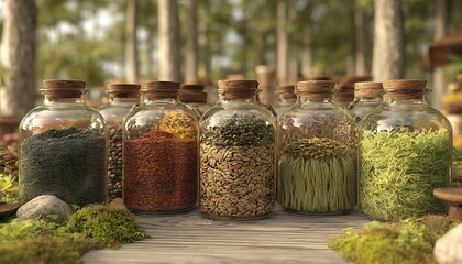 Assortment of glass jars filled with various seeds and dried plants on a wooden surface outdoors