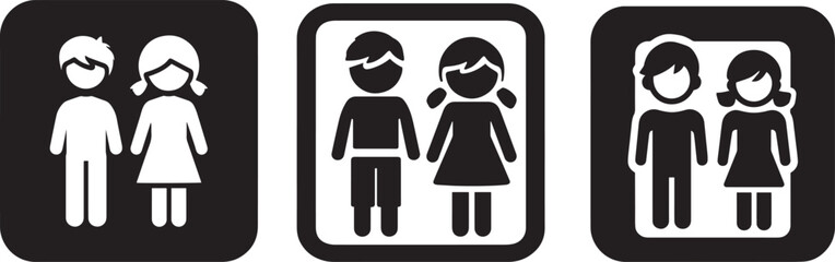 Boy and Girl Icon Set. Children Silhouettes in Square Buttons Vector Illustration.