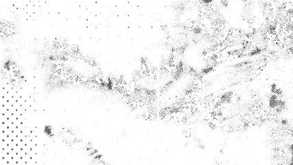 Abstract grayscale texture with speckled pattern featuring varying densities of dark gray particles on a white background incorporating a halftone dot pattern in one corner creating