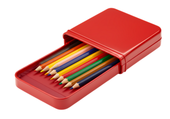 Colored Pencils in Red Case isolated on transparent baackground