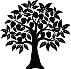 Stylized black and white illustration of a fruiting tree full of fruit