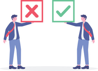 business people holding big pros and cons, right and wrong symbols.

