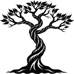 Elegant black and white vector image of a stylized, gnarled tree