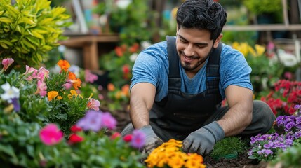 Man Smiling While Gardening in Colorful Flower Bed