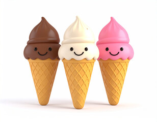 Sweet Trio: Delighting in the simple pleasures, these three adorable ice cream cones with smiling faces invite you to a world of joy and deliciousness.