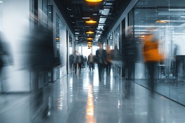 Bright business workplace with people in walking in blurred motion in modern office space. High quality