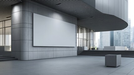 Modern City Building Exterior with Blank Billboard
