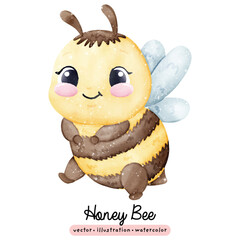 Cute kawaii honey bee in watercolor style vector illustration
